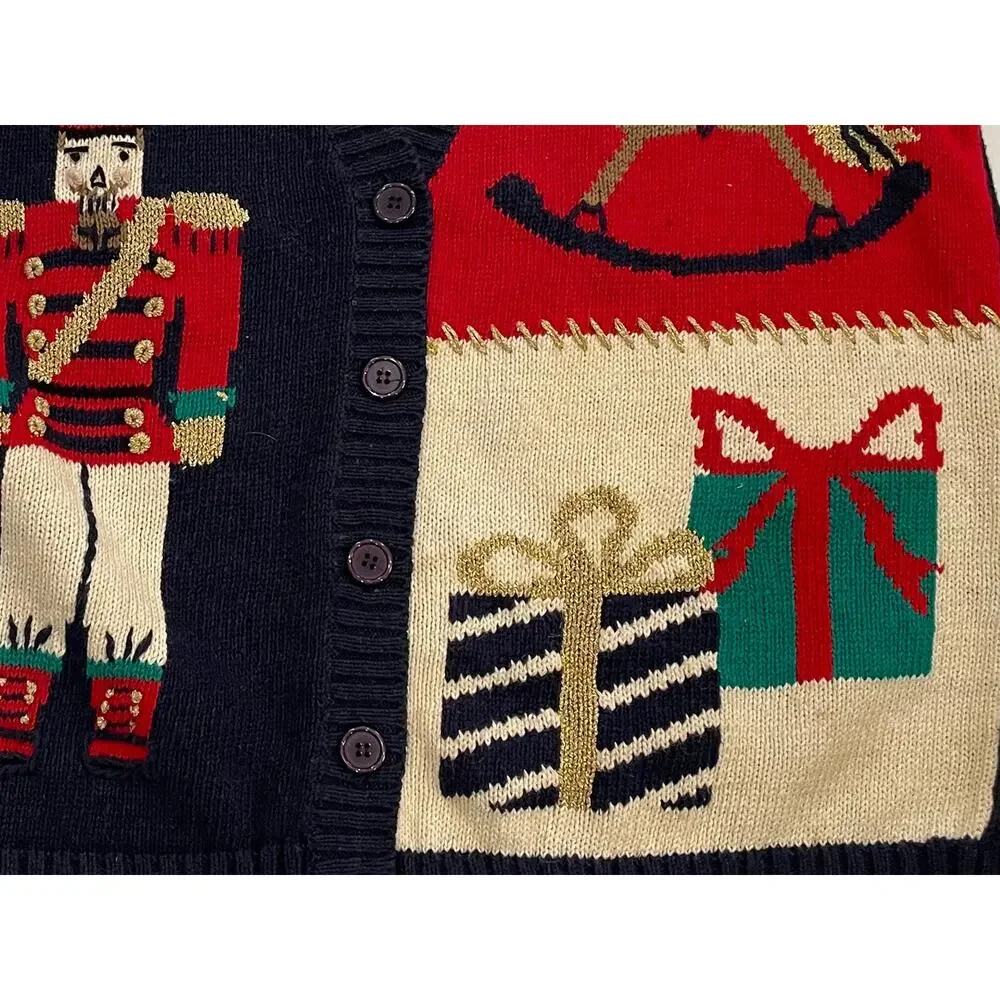 Lauren Gayle Navy, Red, Christmas Patchwork Sweater Vest, Nutcracker, Holly, M